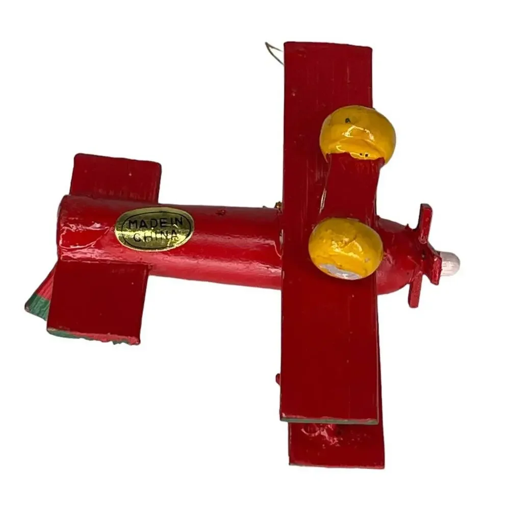 Vintage Wooden Airplane Ornament Red Green Folk Art Christmas Decor